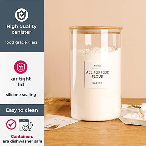 HHMJSM 1 Gallon Large Glass Food Storage Containers With Airtight Bamboo Lid - Kitchen Glass Storage Jars Canister With 42 Pantry Labels - Thicken Big Clear Rice Containers For Your Pantry