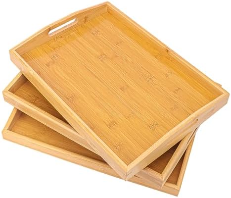 3 Pack Bamboo Serving Tray, 16x 11.6 Inch Wooden Serving Trays with Handles, Bamboo Trays for Serving Food, Perfect for Dinner, Tea, Bar, Breakfast, and Food for Parties, Bed, & Kitchen