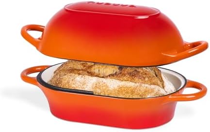 Dutch Oven For Sourdough Bread Baking – Enamelled Cast Iron Bread Loaf Pot – Oven Safe Non Stick Bread Pot – Rectangular, Orange, 24cm x 16cm – by Nuovva
