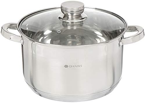 Daniks Standard 7 Quart Stainless Steel Stock Pot with Glass Lid, Try-Ply Bottom for Even Heating, Induction Compatible, Dishwasher Safe, Built-In Measuring Scale, Silver