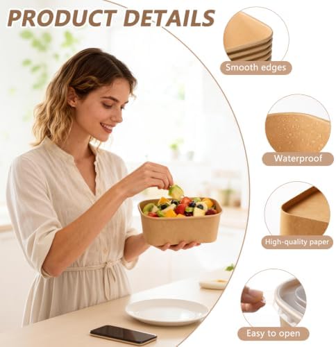 50 Sets 33 oz Disposable Kraft Paper Bowls with Lids - Rectangle