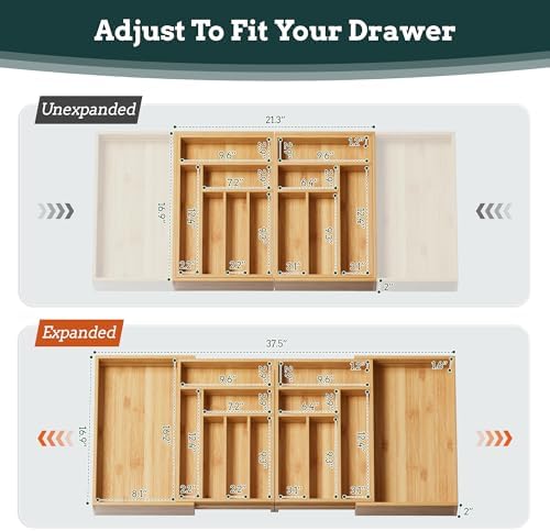 Silverware Organizer Large, Magnetic Connected Expandable 13 Slots Silverware Drawer Organizer From 21 to 37.4 Inches, Adjustable Flatware and Cutlery Holder, Bamboo Utensil Tray for Kitchen Natural