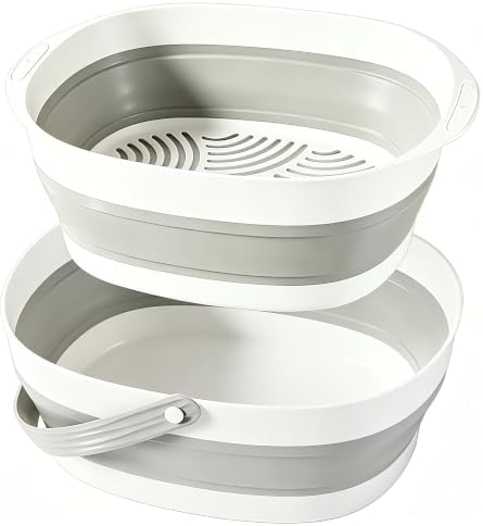 Extra Large Collapsible Wash Basin and Collapsible Colander Set, Outdoor Foldable Strainer, Camping Sink, Dish Basin, Portable Fruit Vegetable Straining Basket for Kitchen, Garden, Camping, RV