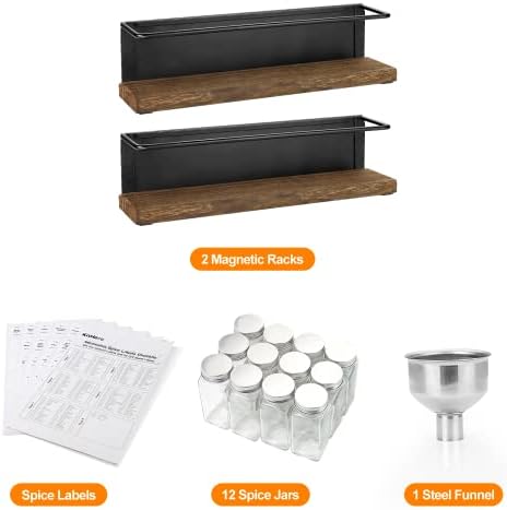Magnetic Spice Rack Organizer with 12 Jars, 216 Labels, 1 Steel Funnel for Refrigerator，Microwave Oven - Full Set of Seasoning Organizer, Kitchen Gadgets