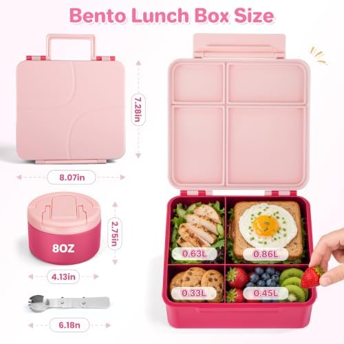Bento Lunch Box for Kids with 8oz Soup Thermo,Kids Leakproof Lunch Food Containers with 4 Compartment,Kid Insulated Thermo Hot Food Jar for School,Trvael-Pink