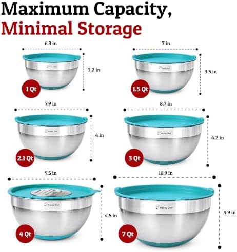 Priority Chef Stainless Steel Mixing Bowls with Lids Set - Premium 30Pcs with 6pc Metal Bowl Set for Kitchen, 3 Graters, Airtight Lids, Non-Slip Bases & Silicone Utensils, Turquoise