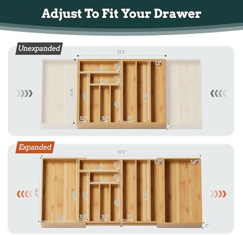 Bamboo Expandable Silverware Drawer Organizer, 11 Slots Utensil Holder