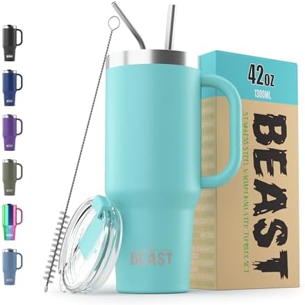 Beast 42 oz Tumbler with Handle Stainless Steel Vacuum Insulated Coffee Ice Cup Double Wall Travel Flask (Aquamarine Blue)
