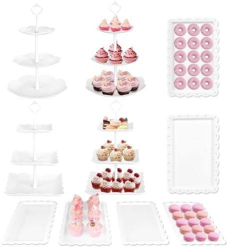 Mwellewm 10Pcs Cupcake Stand,Dessert Table Display Set, 4 White 3 Tired Cake Stand 6 Plastic Serving Trays for Party Cookie Rack Desert Tower Holder for Wedding Decor Baby Shower Tea Party Decorations