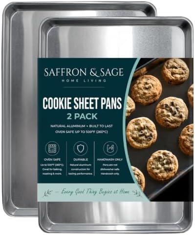 Commercial Quality Cookie Sheet Pan - 2 Pack Aluminum Half Sheet Baking Pan by Saffron & Sage Home Living - This 18x13 Rimmed Baking Sheet Set is Rust & Warp Resistant, Heavy Duty, of Thick Gauge