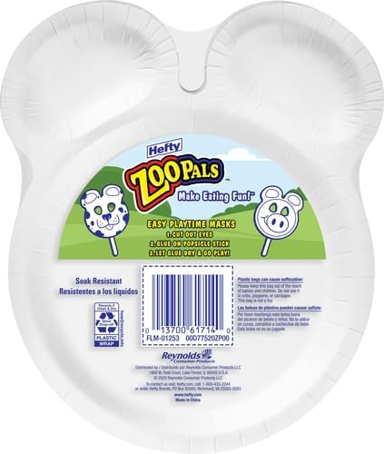 Hefty Zoo Pals Party Edition Paper Plates for Kids, Assorted Animal Designs, 7.75 Inches with Two Dipping Compartments, Multi-Color, 20 Count (Pack of 10)