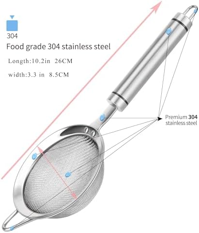 304 Stainless Steel Fine Mesh Strainers for Kitchen, Colander-Skimmer with Handle, Sieve Sifters for Food, Tea, Rice, Oil, Noodles, Fruits, Vegetable