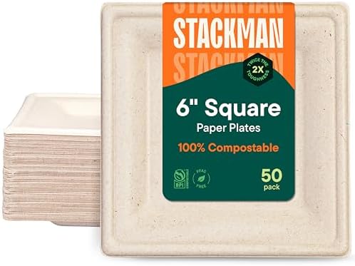 100% Compostable Square Paper Plates - 6 Inch [50-Pack] Heavy Duty