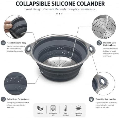 Mejoncb Collapsible Colander – Platinum Silicone Strainer with Stainless Steel Base, BPA-Free & Heat Resistant Kitchen Drain Basket (Gery)