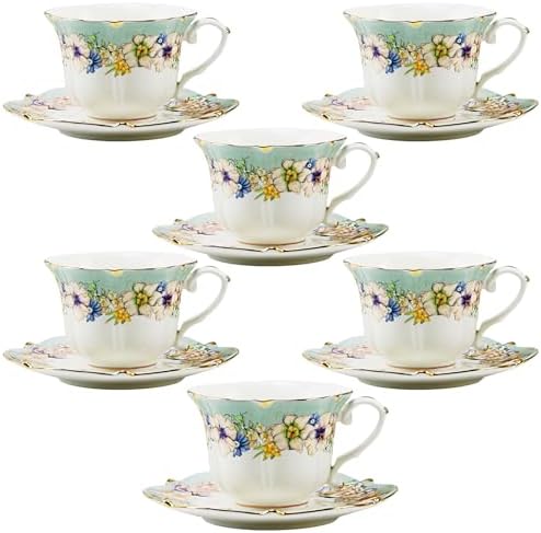 TATSUMI Country Roses 18 Peices Bone China Tea Cup And Saucer Set, English Vintage Tea Cups Of 6 For Women And Tea Party Sets(Dutch Blue, 6 sets)