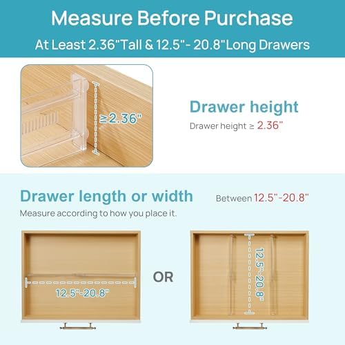 Vtopmart 8 Pack Shallow Drawer Dividers, 2.36" High 12.5"-20.8" Adjustable Expandable Kitchen Drawer Organizer, Clear Plastic Organizer Separators for Flatware, Utensil, Cutlery, Underwear, Clothes