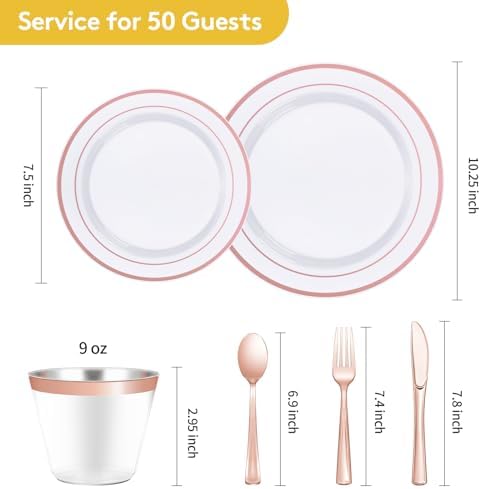 Goodluck 300 Pieces Rose Gold Disposable Plates for 50 Guests