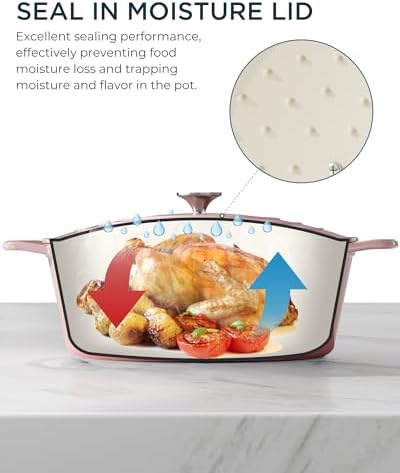 Enameled Cast Iron Dutch Oven - 9.3QT Dutch Oven Pot with Lid & Cotton Potholders - Heavy-Duty Non Stick Casserole Pot for Braising, Stews, Roasting, Baking, Suitable for All Stovetops, Gentle Pink