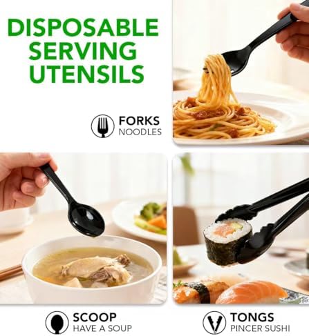 36 PCS Plastic Serving Utensils, Disposable Serving Spoons Forks Tongs for Buffet Serving Utensils Set for Parties Black Serving Utensils for Restaurant Dinner Salad Noodles Soup