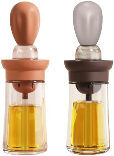 Oil Dispenser with Brush - 2 Pack Olive Oil Dispenser, 2 IN 1 Oil Dispensing Bottle with Basting Brush for Cooking Frying Baking Kitchen, T-OB21 Grey+Red