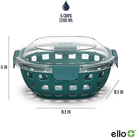 Ello DuraGlass Food Storage Glass Lunch Bowl Container - Meal Prep Container with Silicone Sleeve and Airtight Lid, 5 Cup, Teal