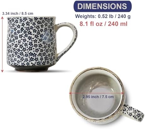 Nostalgic Mino Ware Ceramic Sometsuke Small Mug Cup - Japanese Crafted, Floral Pattern, Comfort Grip Handle, For Coffee and Green Tea or Soup, Matcha Tea, Gift Box Included (Mountain Cherry)