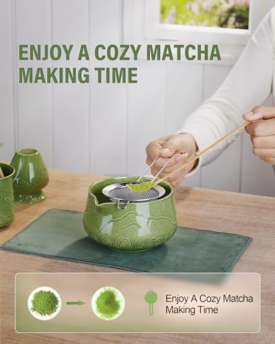 ZENS Premium Matcha Whisk Set with Blooming Cup, 7pcs Matcha Set, Green