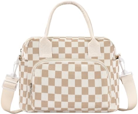Lunch Bag Women Lunch Box for Women Adult Cute Insulated Lunch Bag Lager Cooler Lunch Tote Bags for Work Picnic (Beige-Brown Plaid)
