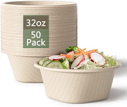 32 Oz Deep Paper Bowls Disposable Bowl - Disposable Heavy Duty Compostable Bowls, Eco-friendly Sugarcane Bagasse Biodegradable Bowl for Soup, Salad, Dessert, Ice Cream [50 Pack without Lids]