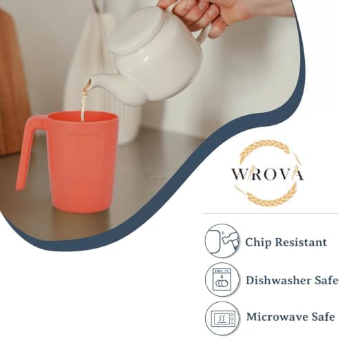 Wrova 16oz Wheat Straw Cups with handles set of 6-Plastic Cups Reusable-Unbreakable Kids Mugs-Dishwasher Safe & Microwave Safe-Ideal Plastic Mugs for Tea,Coffee,Camping,RV-Vibrant Color