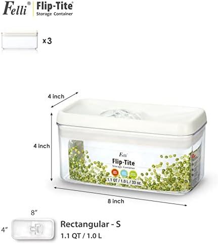 Felli Flip Tite Food Storage Container with Lid 4” RECTANGLE Airtight Ring Flip Lock Top, Stackable Acrylic Canister Set for Kitchen Fridge Pantry Organizer, Veggie Fruit Tea Bag Snack (1.1 qt)