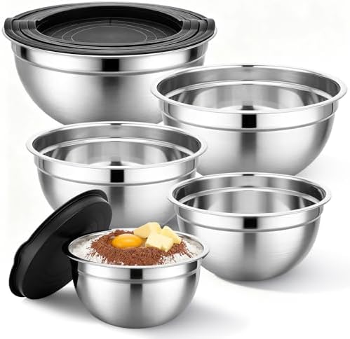 Beasea Mixing Bowls with Lids Set of 5, 1.5/2/2.5/3.4/4/5 QT Stackable Nesting Stainless Steel Bowls with Lids, for Meal Prepping, Salad, Food Serving, Baking Set for Dough, Cream, Batter