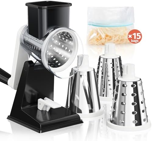 Rotary Cheese Grater, Upgraded Hand Crank Cheese Shredder with 3 Interchangeable Blades, Multi-purpose Kitchen Slicer Shredder for Cheese, Vegetable, Fruit, Nuts, Easy to Use & Clean, Black