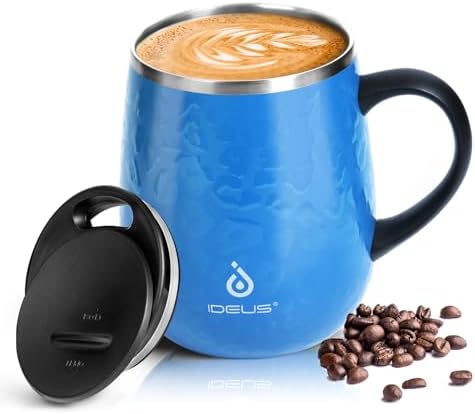 Ideus 16 oz Insulated Coffee Mug with Lid and Handle (Leopard Blue)