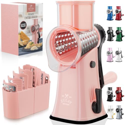 Rotary Cheese Grater Manual Hand Crank 5 Blade Shredder, Peach & Black