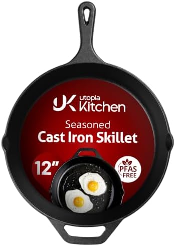Utopia Kitchen Cast Iron Skillet 12 Inch Pre-Seasoned PFAS-Free Black