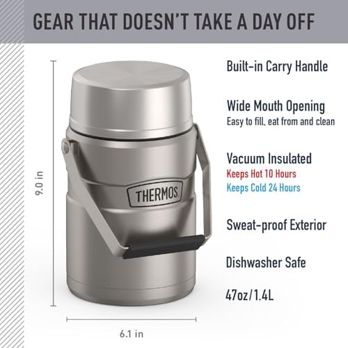 THERMOS Stainless King Food Jar with Handle, 47oz, Matte Stainless Steel