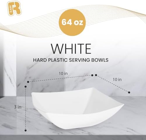 R-kay 6 Pack Square Plastic White Serving Bowls - White Plastic bowls 64 Oz - Salad Bowls Large Serving - Premium Heavy Duty For Weddings Catering And Birthday parties