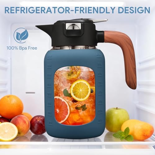 64 oz Glass Pitcher with Lid and Handle, Glass Carafe/Jug for Hot/Cold Water, Large Iced Tea Pitcher for Coffee, Juice and Homemade Beverage