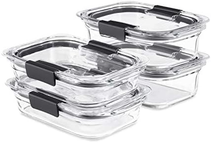 Rubbermaid Brilliance Glass Food Storage set of 4 containers 8 total pieces (4 containers + 4 lids) for Lunch Meal Prep and Leftovers Dishwasher and Oven Safe Clear/Grey