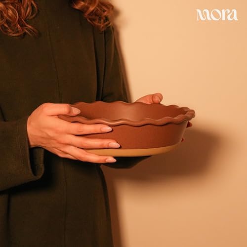 MORA Ceramic Pie Pan for Baking - 9 inch - Deep and Fluted Pie Dish for Old Fashion Apple Pie, Quiche, Pot Pies, Tart, etc - Modern Farmhouse Style Porcelain Ceramic Pie Plate - Terracotta