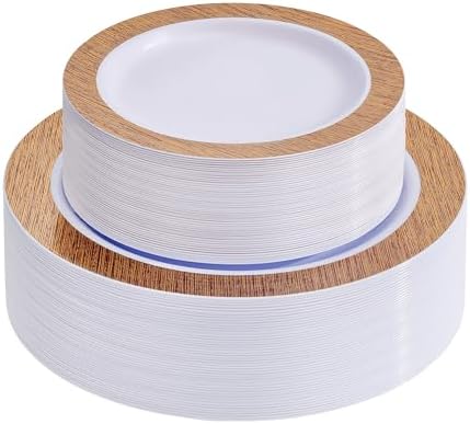 I00000 102 Pcs Wood Grain Brown Plastic Plates, Premium Disposable Plates