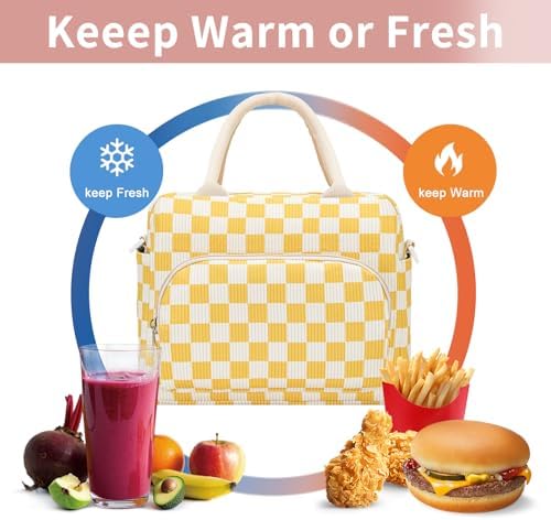 GASSDA Lunch Box for Women Insulated Lunch Bag Women Adult Cute Lunch Bags Reusable Lunchbox Cooler Tote Bag for Work Picnic (Yellow-Plaid)