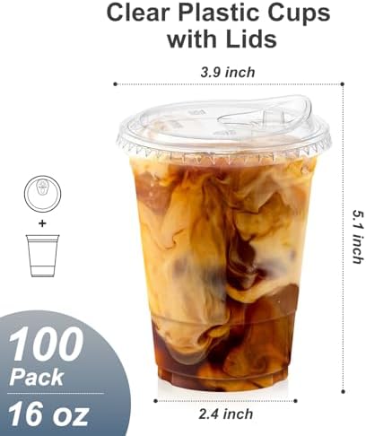 Dealusy 100 Pack - 16 oz Clear Plastic Cups with Sip Lids