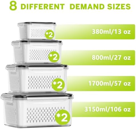 HOMETALL 8 Pack Fruit Storage Containers for Fridge, Produce Containers for Fridge with Colander, Leakproof Fridge Organizers and Storage for Berry Vegetable Salad Lettuce Meat Food
