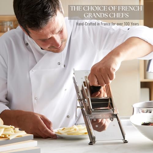 ICO by Bron Coucke Professional Mandoline Slicer by Tellier with Hand Guard – Heavy Duty Stainless Steel Mandoline Slicer – Adjustable Built-in Straight, Julienne, & Crinkle Blades – Crafted in France