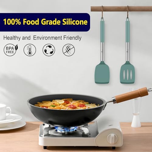 HOTEC Silicone Spatula Set of 2 Heat-Resistant 600F & BPA-Free Kitchen Spatula Turner with Stainless Steel Handles, Slotted & Solid Spatulas for Nonstick Cookware, 13.7 Inch, Sage Green