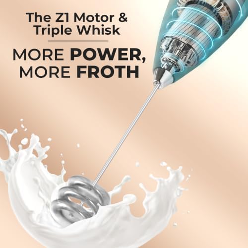 Zulay Kitchen Powerful Milk Frother Wand With Duracell Batteries - Ultra Fast Handheld Drink Mixer - Electric Whisk Foam Maker for Coffee, Lattes, Cappuccino & Matcha - Triple Whisk - Ocean Depth