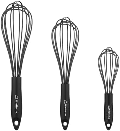 NileHome Silicone Whisk Set 8" 10" 12" Kitchen Whisk Black,3-pack