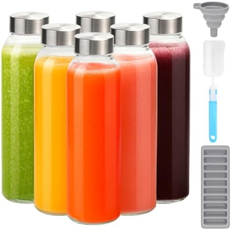 Zukro Glass Water Bottles with Stainless Steel Lids 24 oz, Set of 6